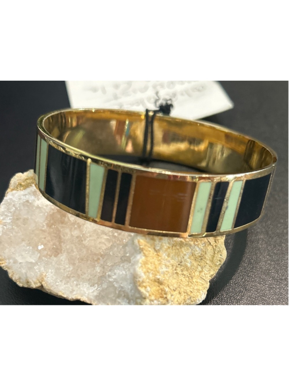 Women's MMA Gold Tone Black Green Brown Striped Bangle Bracelet size 8
